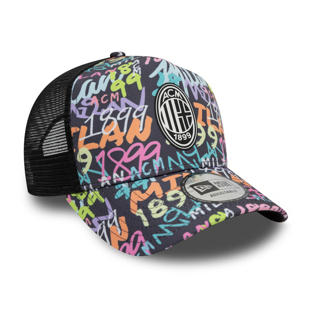 AC Milan FC Hat - Black Graffiti AOP EF Serie A 9Forty A-Frame Trucker Snapback Cap - New Era